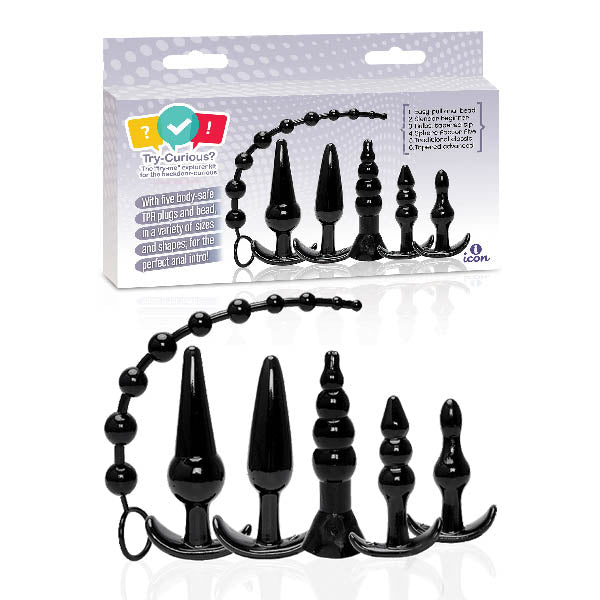 Try-Curious Anal Plug Kit - Black Anal Kit - Set of 6 featuring multiple TPR anal toys and beads for beginners.