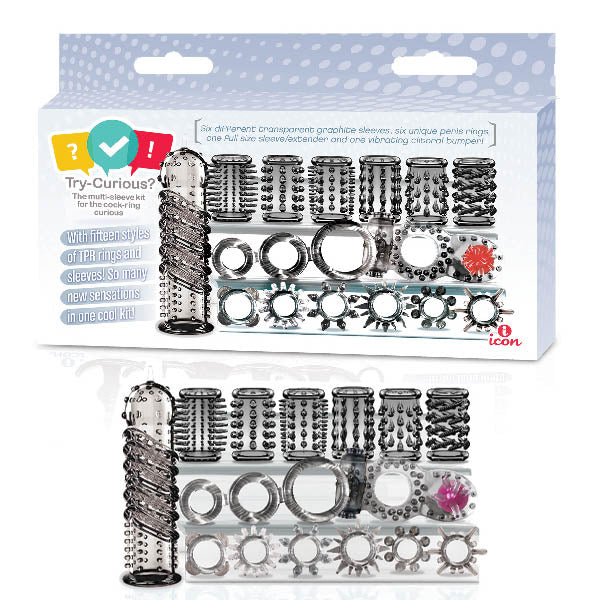 Try-Curious Cock Ring & Sleeve Set - Clear - 15 Piece Set with various TPR rings and sleeves for enhanced intimacy.