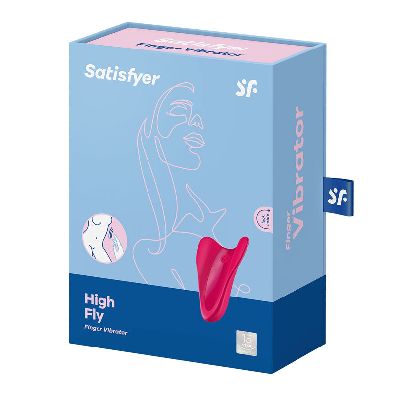 Satisfyer High Fly -  USB Rechargeable Finger Stimulator packaging with vibrant design and product details.