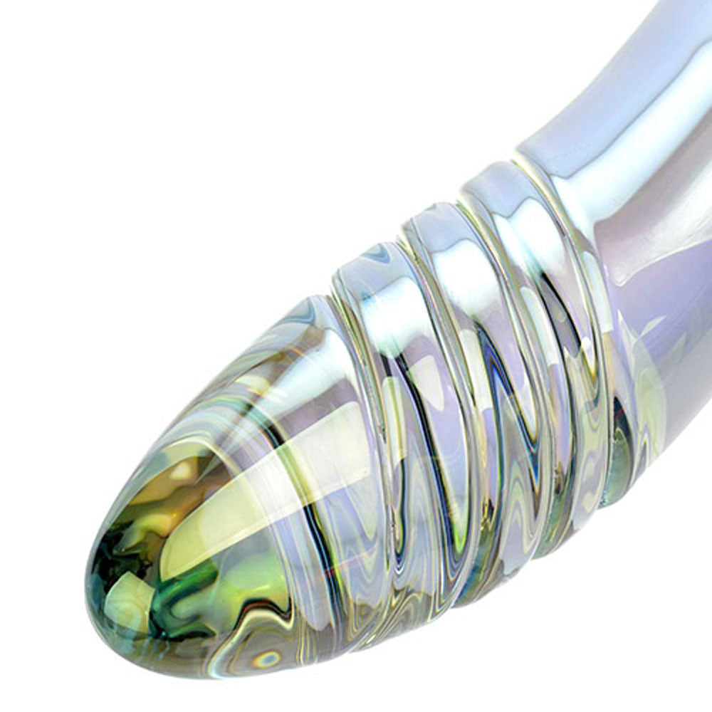 Adam & Eve FAIRY WAND - 22 cm Glass Dildo close-up showcasing iridescent hues and curved ribbed design.