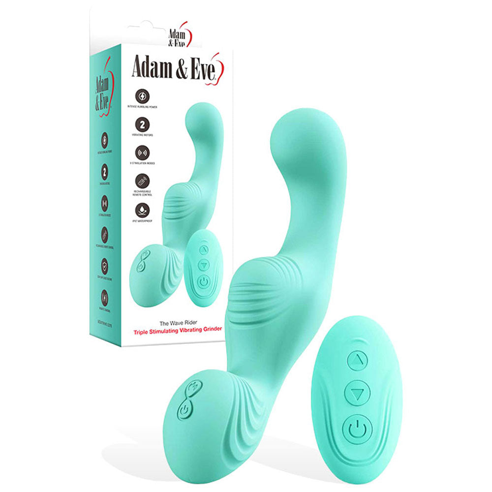 Adam & Eve THE WAVE RIDER - Teal USB Rechargeable Triple Stimulating Grinder Pad with Remote Control on display.