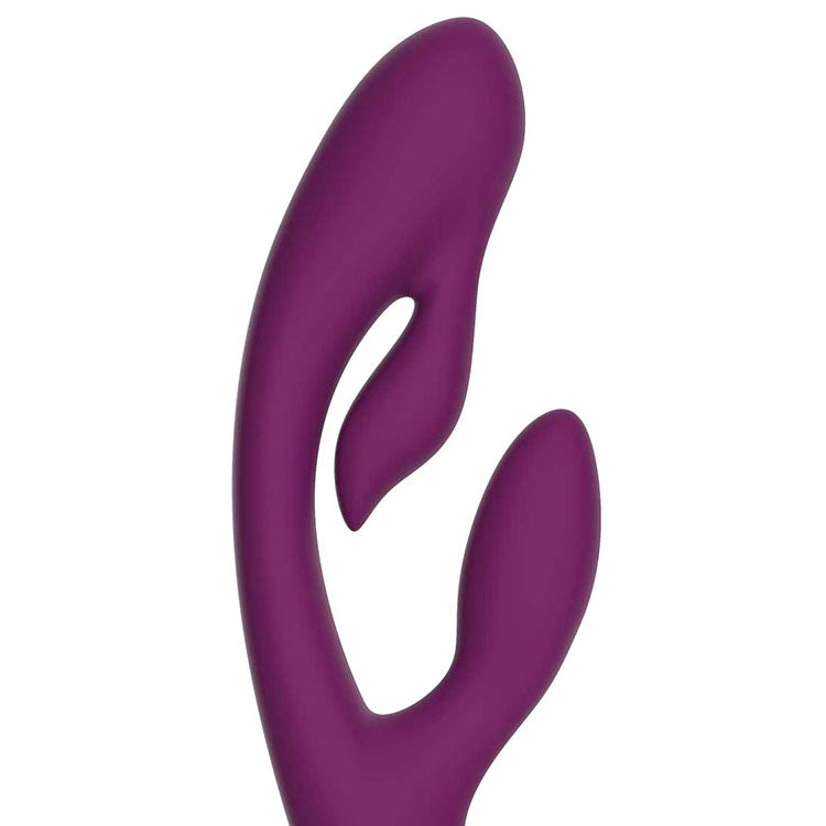 Close-up of the Adam & Eve G-VIBE +, a 23 cm USB rechargeable triple stimulating vibrator in vibrant purple.