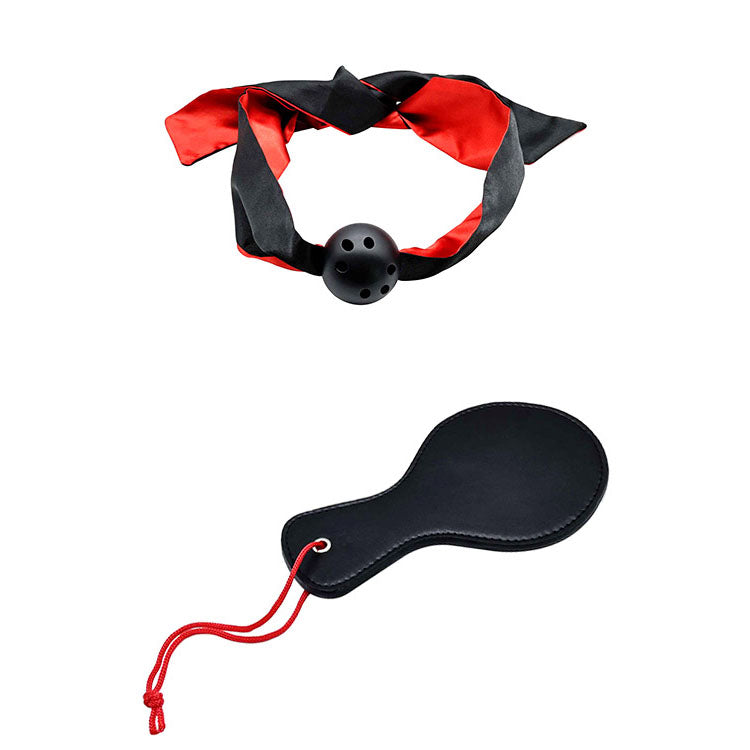 Adam & Eve SENSUAL SCARLET NIGHTS - Black/ Couples Bondage Kit - Set of 10 Pieces, featuring a satin restraint and paddle.