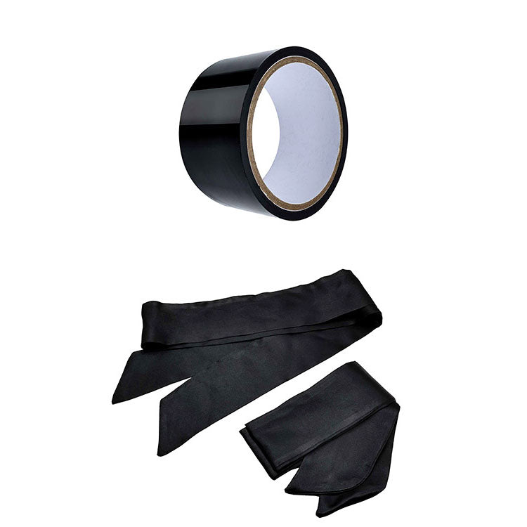 Adam & Eve MIDNIGHT MOODS COLLECTION - Couples Bondage Kit - Set of 10 Pieces featuring black restraints tape and ribbons.