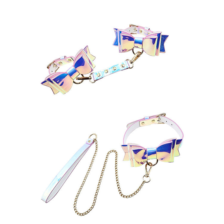 Adam & Eve THE FAIRY Bondage Set - Iridescent Bondage Kit - Set of 5 Pieces featuring colorful bow-tie collar and leash.