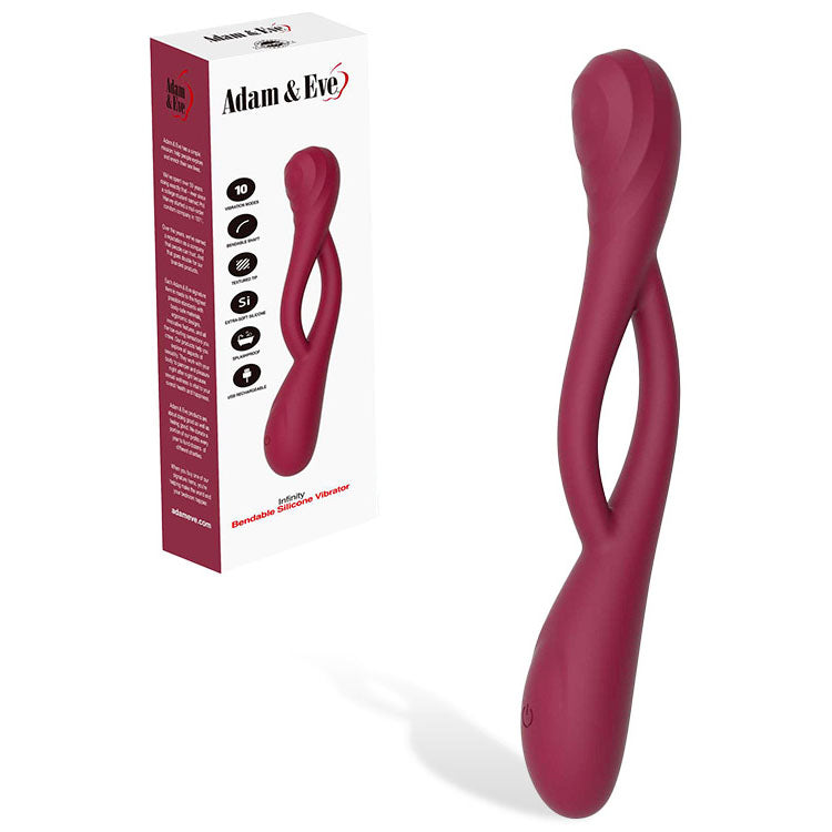 Adam & Eve INFINITY -  USB Rechargeable Bendable Vibrator displayed with packaging. Perfect for intimate essentials.