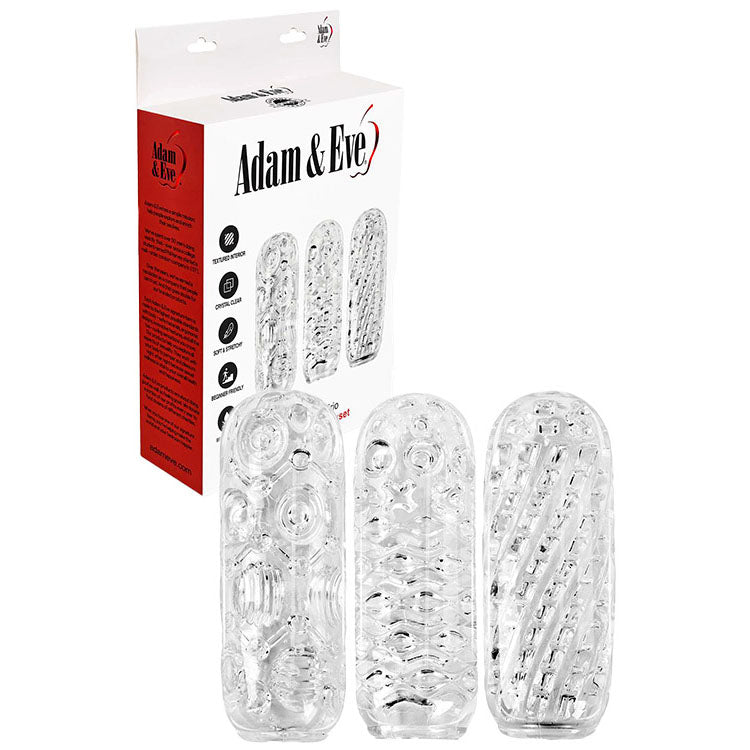 Adam & Eve ADAM'S CRYSTAL TRIO -  Strokers - 3 Pack featuring three transparent strokers with unique textures.