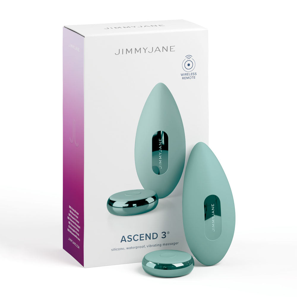 JimmyJane Ascend 3 - Teal 9 cm USB Rechargeable Stimulator with Wireless Remote packaging and product display