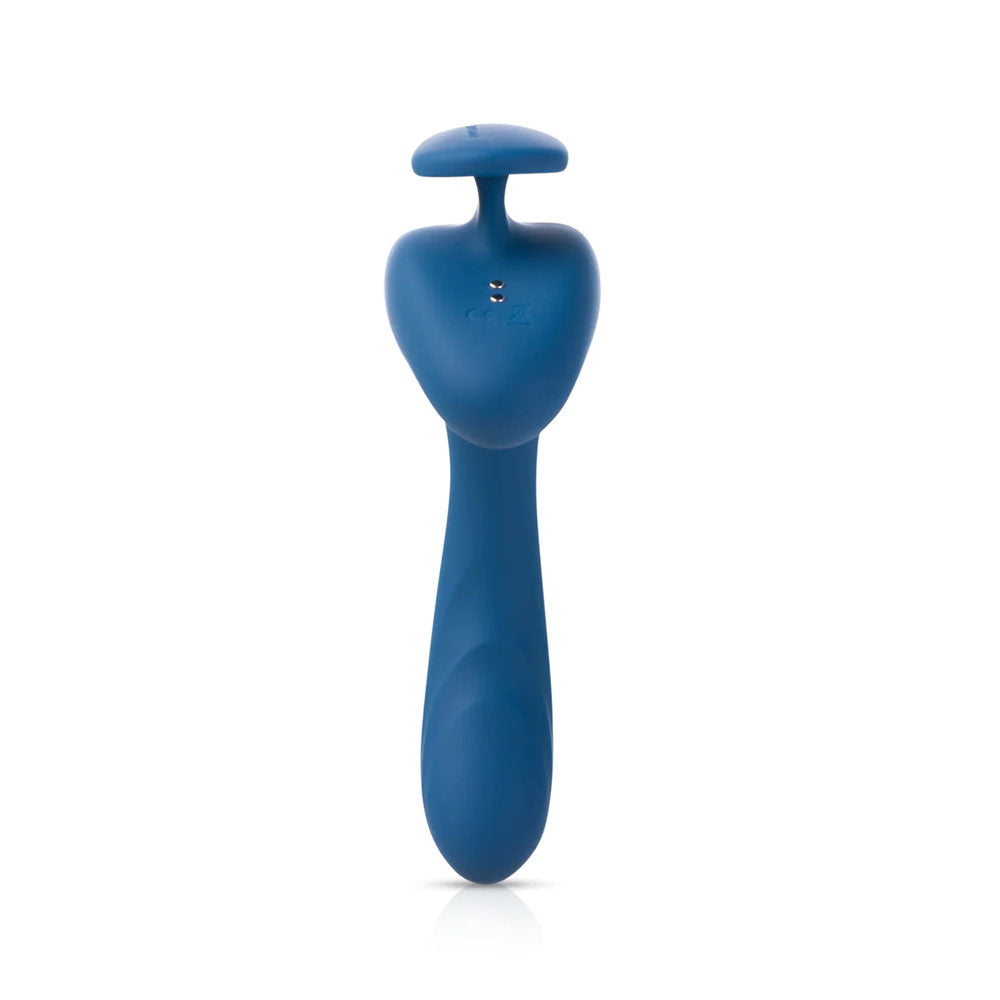 JimmyJane Solis Kyrios -  USB Rechargeable Prostate Massager with Remote in blue color laying flat.