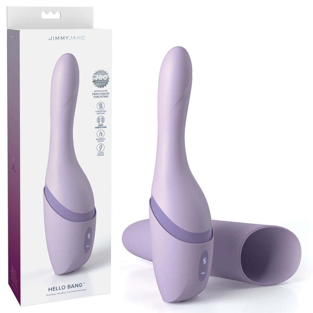 JimmyJane Hello Bang - 27 cm USB Rechargeable Warming & Thrusting Vibrator in packaging and displayed.