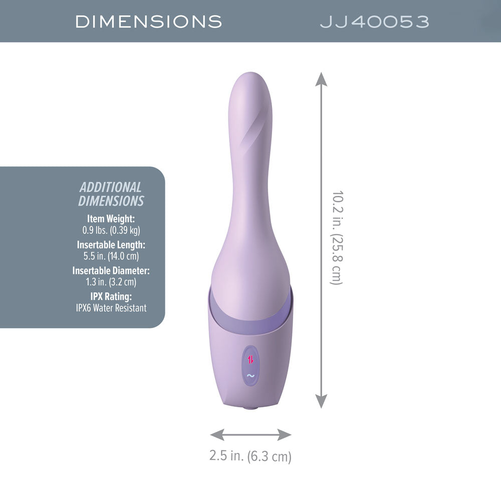 JimmyJane Hello Bang - 27 cm USB Rechargeable Warming & Thrusting Vibrator dimensions illustration with weight and size details.