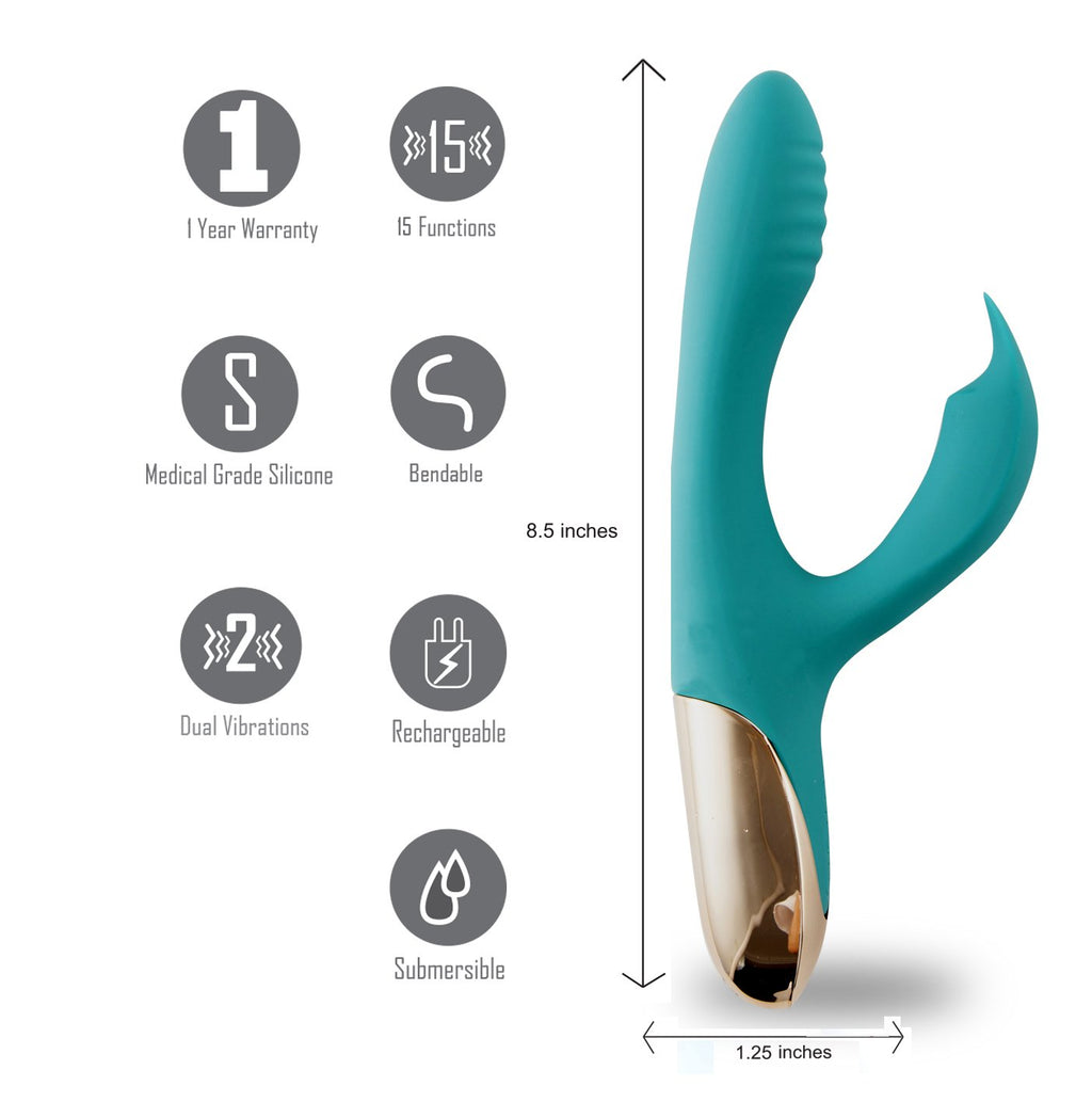 Maia Skyler - 21.6 cm USB Rechargeable Bendable Rabbit Vibrator features 15 functions and medical grade silicone.