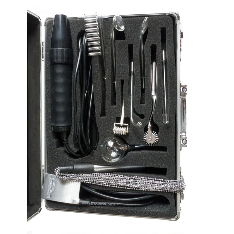 KinkLab Agent Noir Neon Wand Kit - E-Stim Kit - 11 Piece Set components inside a sleek case, perfect for electrifying play.