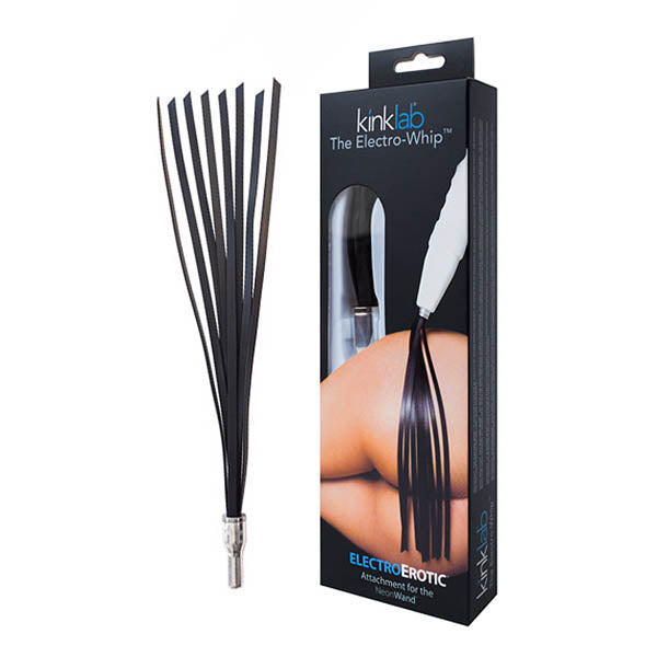KinkLab The Electro-Whip - E-Stim Attachment for Neon Wand displayed with packaging and product design.
