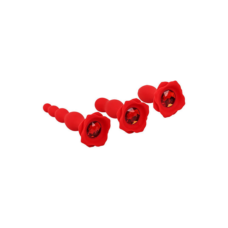 Adam & Eve BOOTY BOUQUET -  Anal Training Kit - Set of 3 Sizes featuring elegant red rose-adorned plugs.