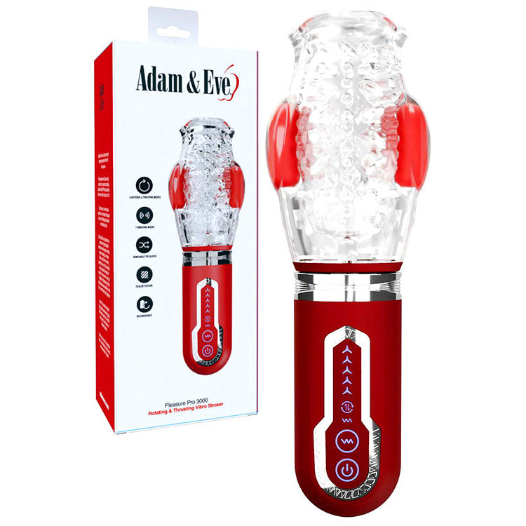 Adam & Eve PLEASURE PRO 3000 - /Red USB Rechargeable Thrusting & Rotating Auto Stroker with unique design and packaging.