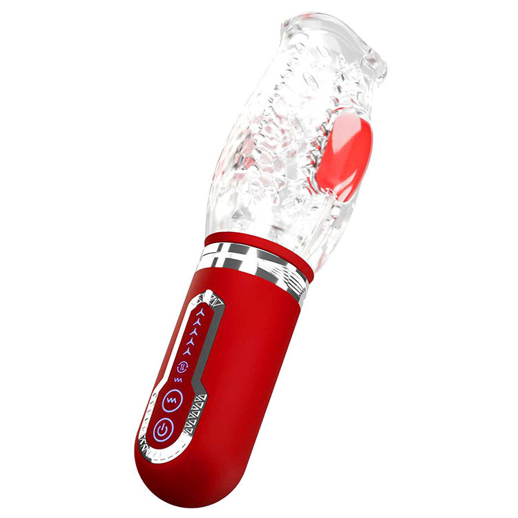 Adam & Eve PLEASURE PRO 3000 - /Red USB Rechargeable Thrusting & Rotating Auto Stroker on a white background.