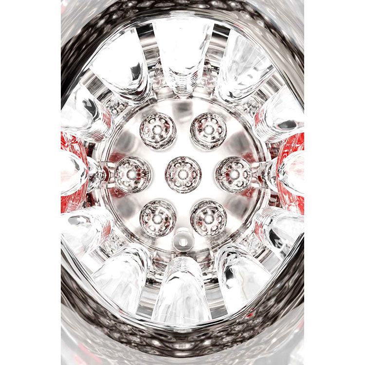Adam & Eve PLEASURE PRO 3000 - /Red USB Rechargeable Thrusting & Rotating Auto Stroker view from above.