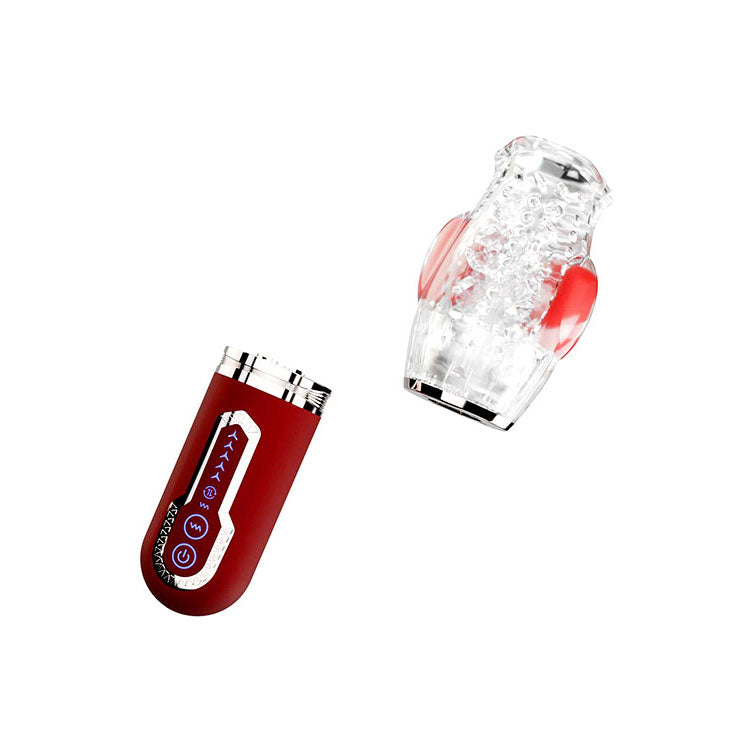 Adam & Eve PLEASURE PRO 3000 - /Red USB Rechargeable Thrusting & Rotating Auto Stroker, featuring a clear stroker and control panel.