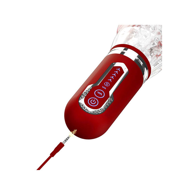 Adam & Eve PLEASURE PRO 3000 - /Red USB Rechargeable Thrusting & Rotating Auto Stroker close-up showing control panel and charging port.