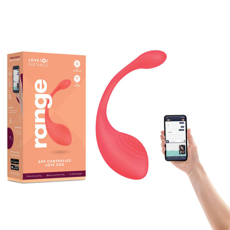 Love Distance RANGE - Coral Rechargeable Love Egg with App Contol next to a smartphone for easy control.