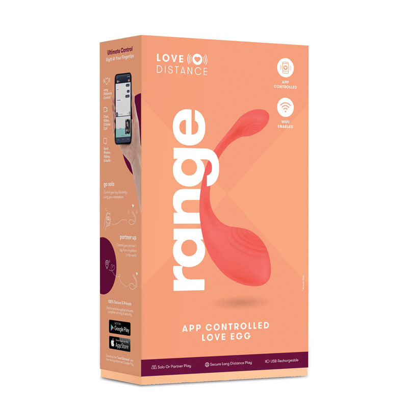 Love Distance RANGE - Coral Rechargeable Love Egg with App Control packaging showcasing features and app compatibility.