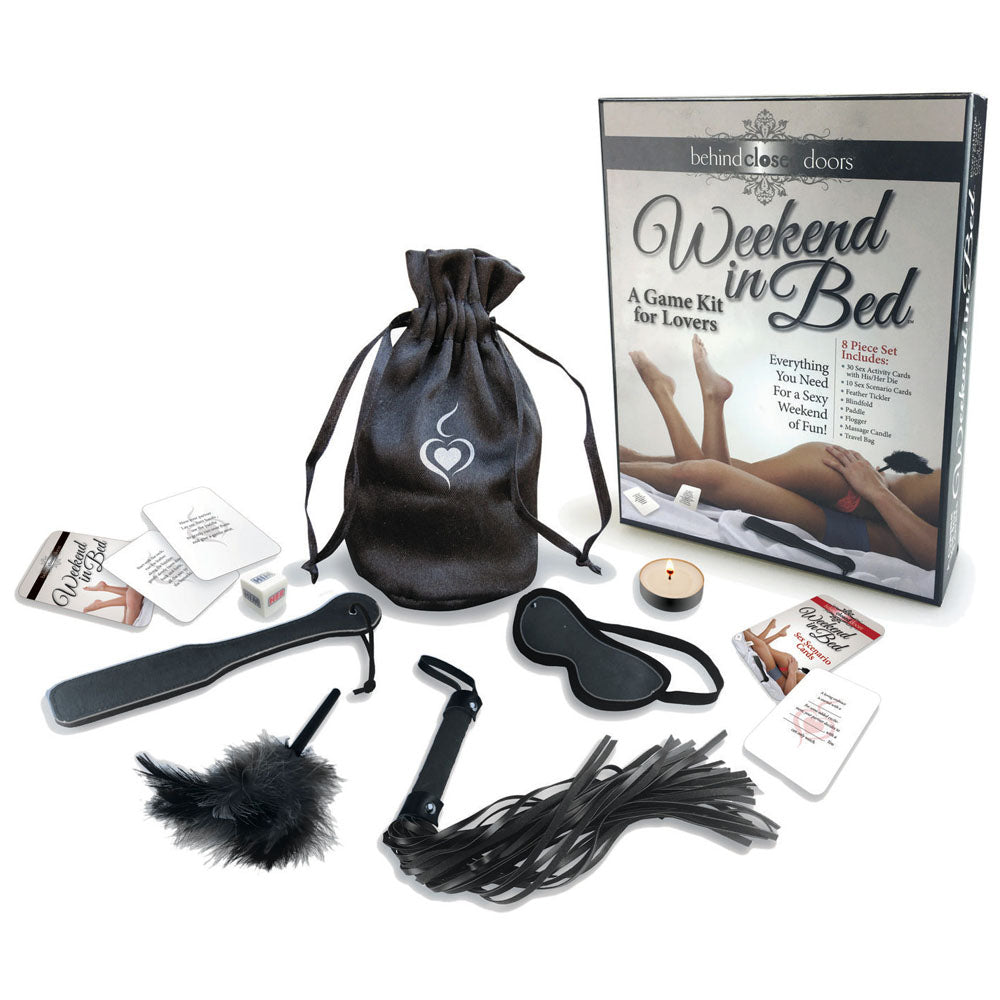 Behind Closed Doors - Weekend In Bed - Couples Kit Game featuring adult card games, blindfold, flogger, candles, and more.