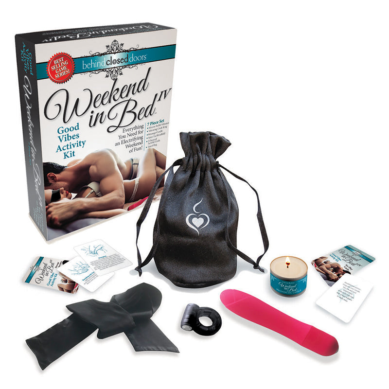 Behind Closed Doors - Weekend In Bed IV - Good Vibes Activity Kit with silicone vibrator, massage candle, and activity cards