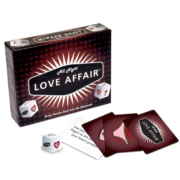 All Night Love Affair - Adult Card Game packaging with game die and cards to enhance intimate essentials for her.
