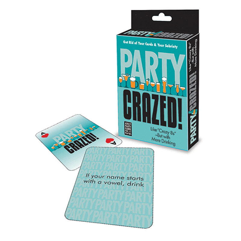 Party Crazed - Drinking Card Game packaging featuring playing cards with fun drinking challenges.