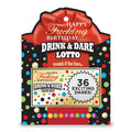 Happy Fucking Birthday Lotto - Party Lotto Game with colorful polka dots and a big red bow, featuring 36 dares.