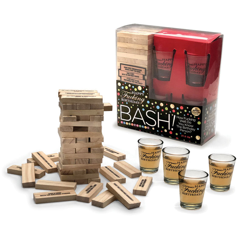 Happy Fucking Birthday Bash - Drinking Party Game with shot glasses and wooden blocks for adult party fun.