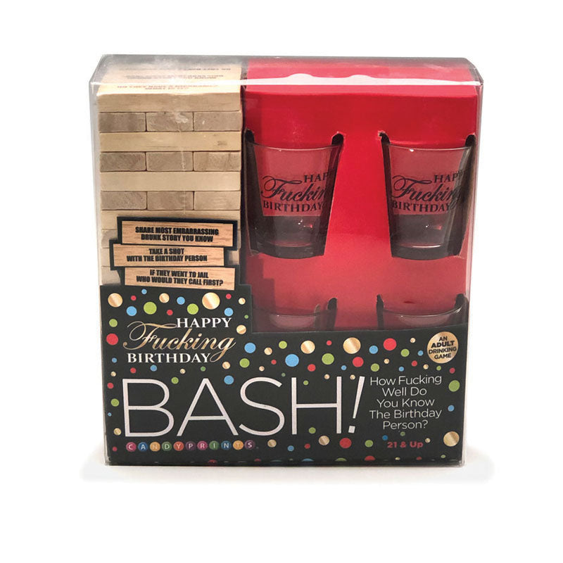 Happy Fucking Birthday Bash - Drinking Party Game set with shot glasses and blocks, perfect for adult celebrations.