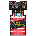 Happy Fucking Birthday Bingo - Party Game featuring a colorful birthday cake design with candles and the text for adults only.