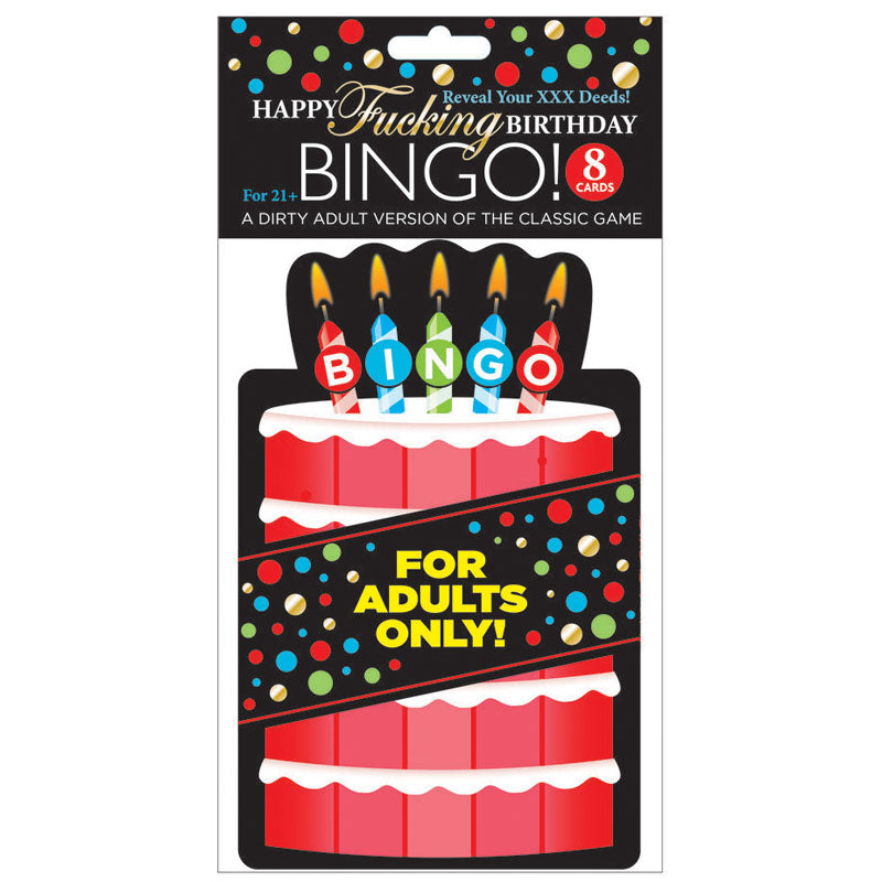 Happy Fucking Birthday Bingo - Party Game featuring a colorful birthday cake design with candles and the text for adults only.