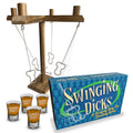 Swinging Dicks - Swinging Ring Toss Drinking Game with game pieces and shot glasses for party fun.