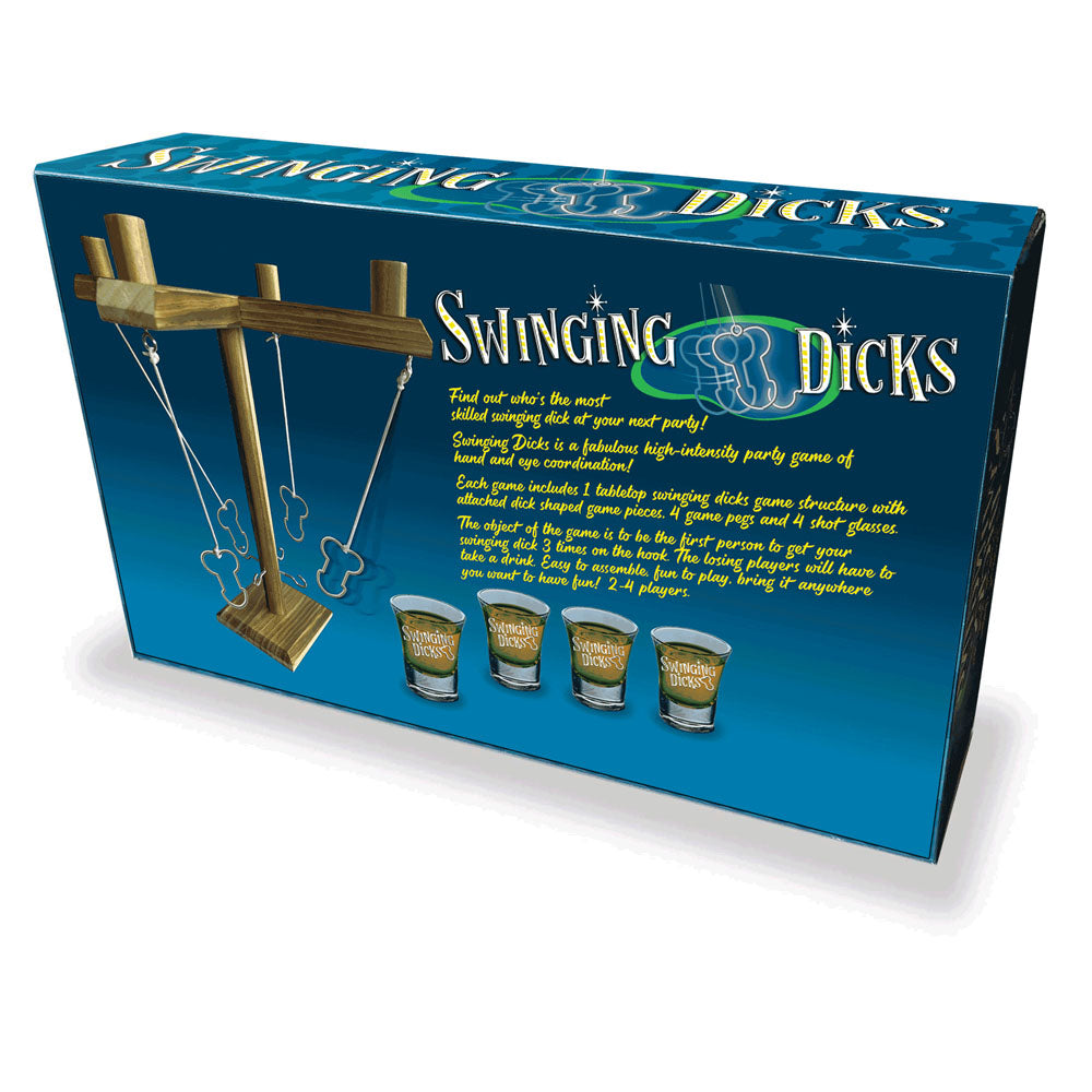 Swinging Dicks - Swinging Ring Toss Drinking Game box featuring game structure and shot glasses.