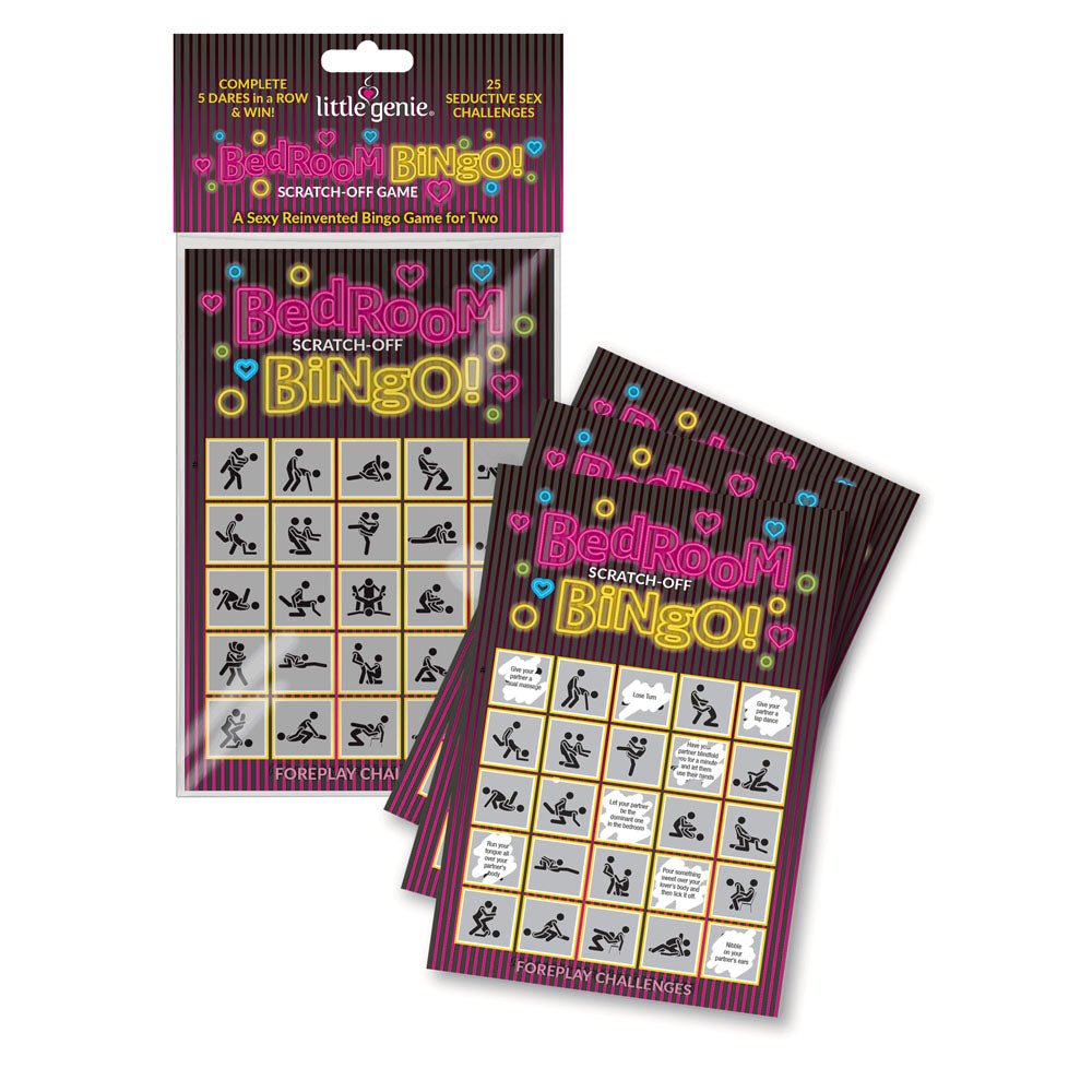 Bedroom Bingo - Foreplay Scratcher Card game kit with scratch-off challenges for couples.