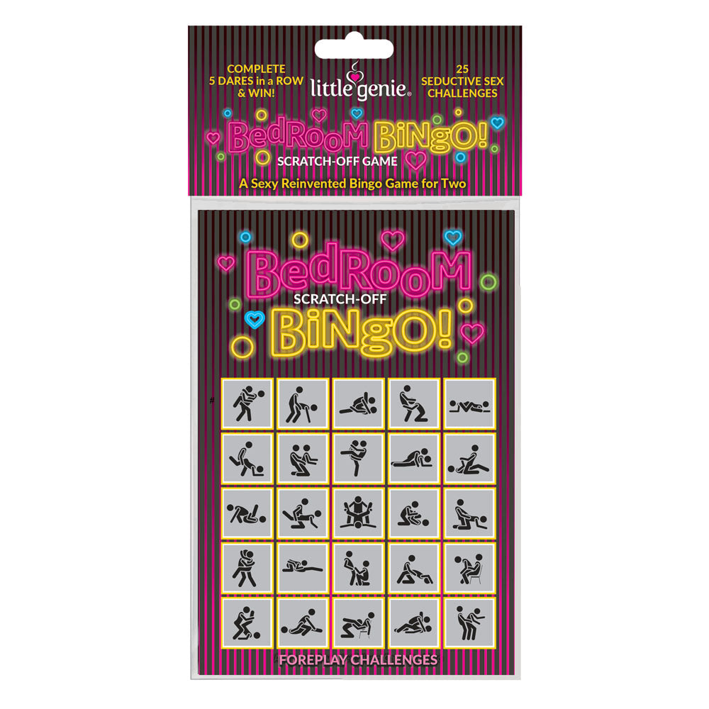 Bedroom Bingo - Foreplay Scratcher Card featuring 25 seductive sex challenges for couples.