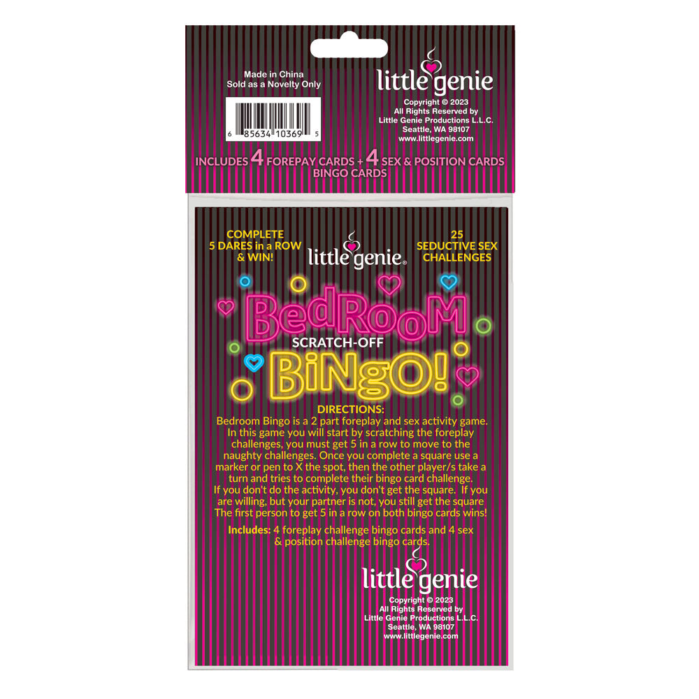Bedroom Bingo - Foreplay Scratcher Card packaging with game directions and description of challenges.