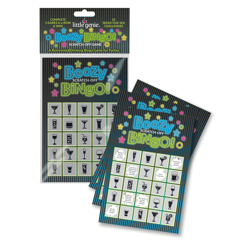 Boozy Bingo - Drinking Scratcher Card featuring scratch-off bingo game and fun drinking challenges.
