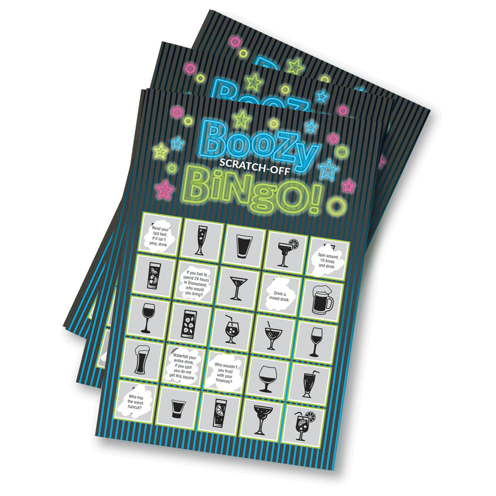 Boozy Bingo - Drinking Scratcher Card featuring fun drinking challenges and dares for a lively party game.