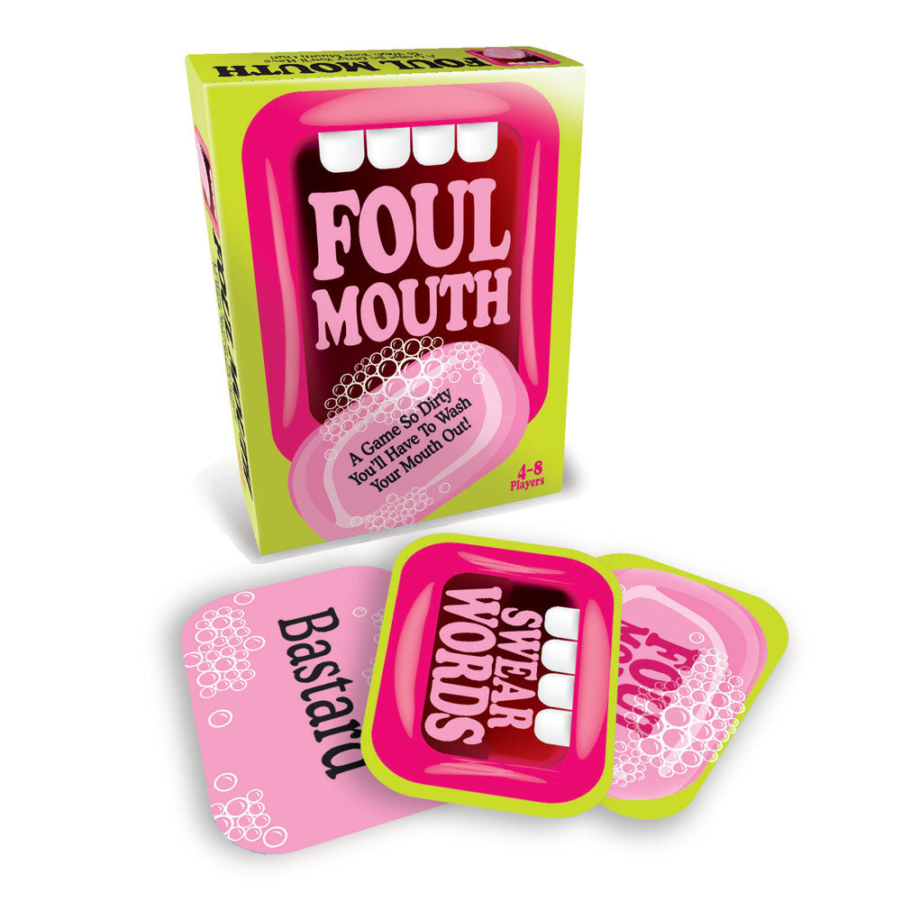 Foul Mouth - Novelty Card Game packaging with cards featuring swear words for a fun, exciting gameplay experience.