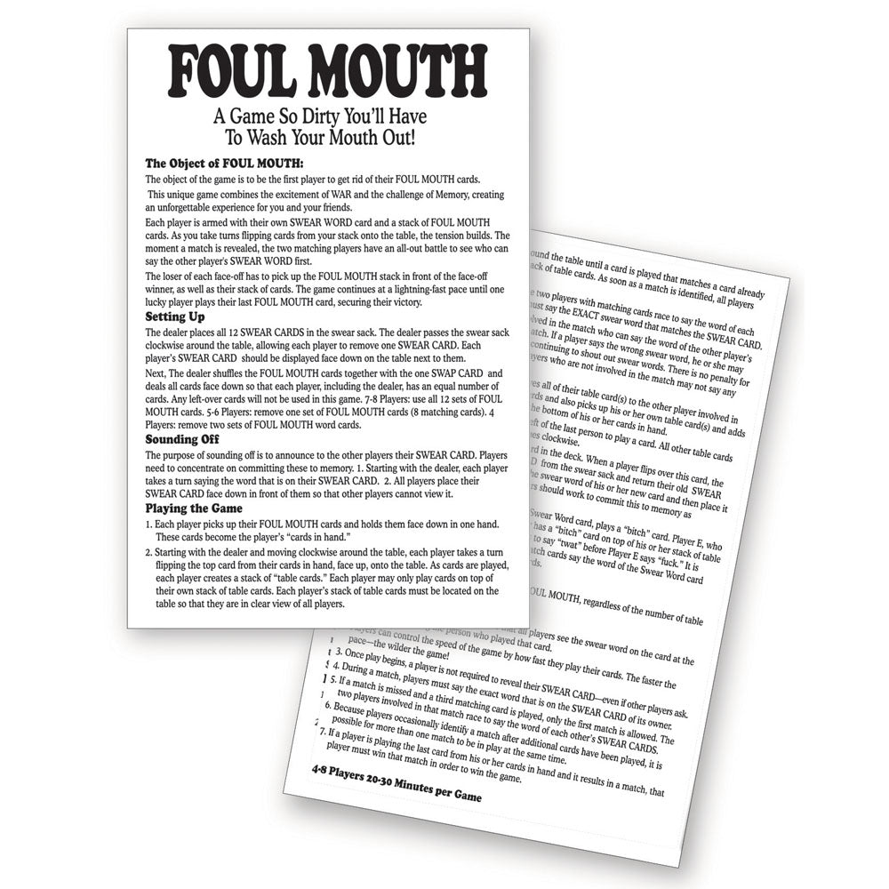 Foul Mouth - Novelty Card Game instructions showing gameplay and rules for an engaging adult card game.
