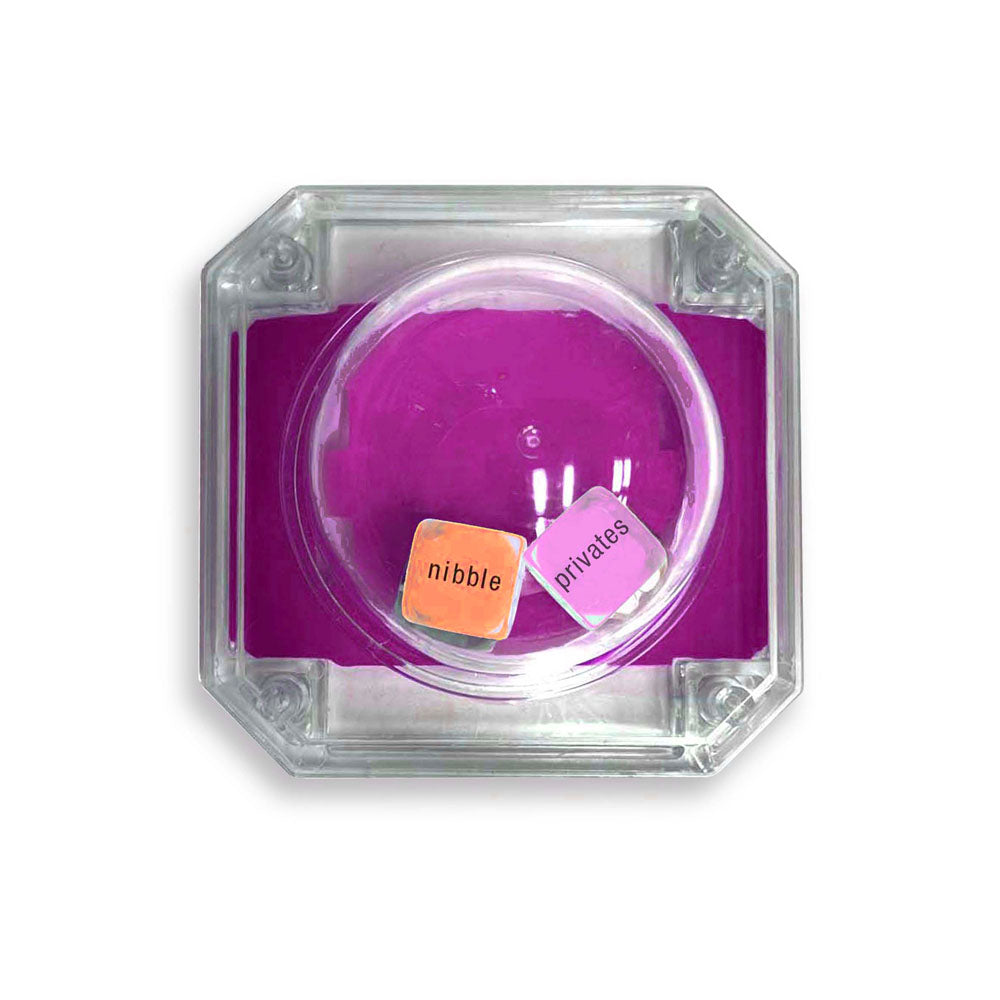 Oral Sex Pop - Popping Dice Game showing orange 'nibble' and pink 'privates' dice in a clear container.