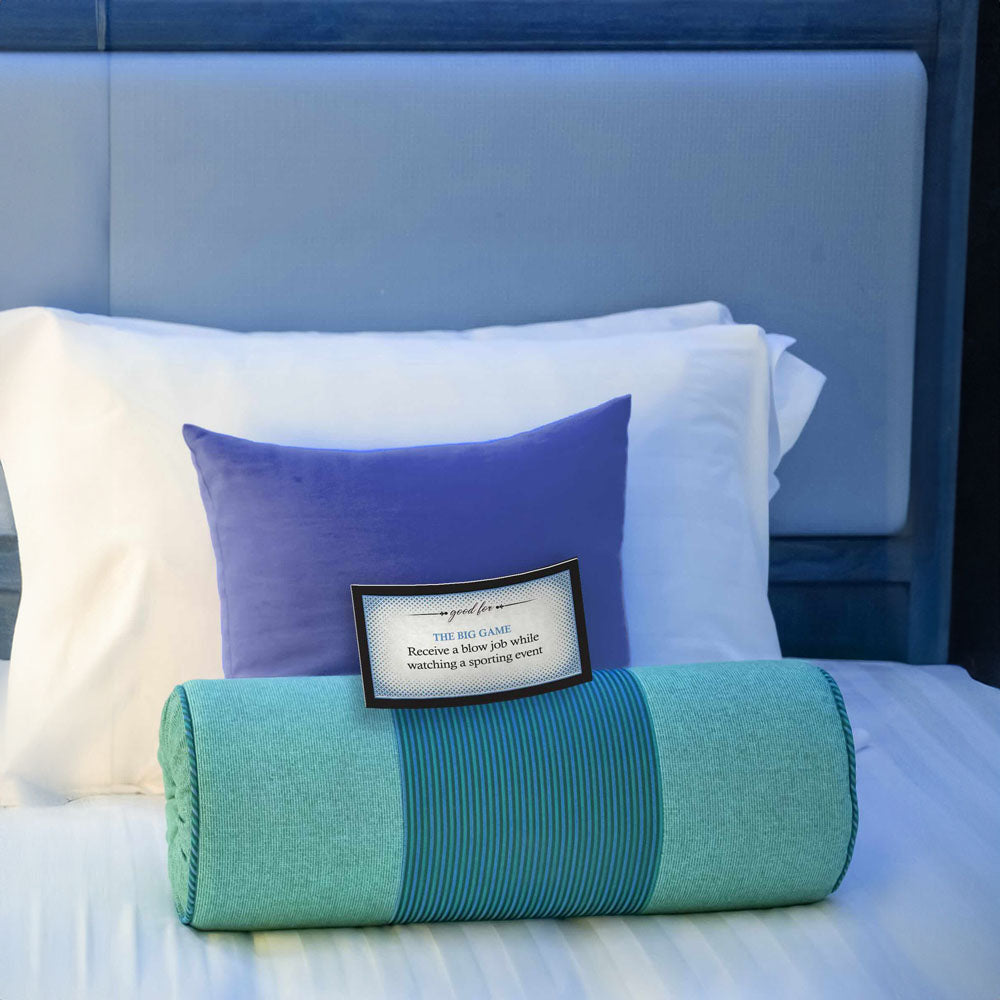 Oral For Him Sex Coupons - Set of 15 Coupons displayed on a bed with teal and purple pillows.