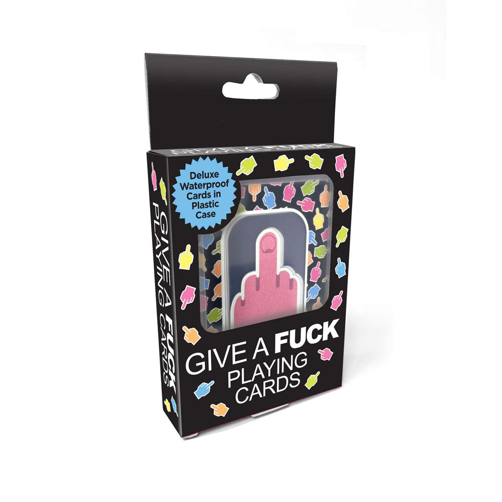 Give A Fuck Playing Cards - Waterproof Novelty Playing Cards packaged in a colorful case featuring a middle finger design.