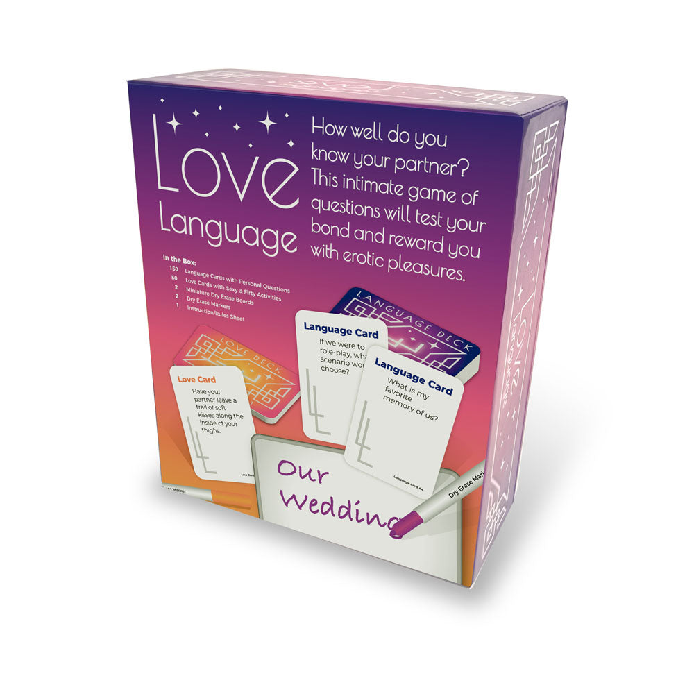 Love Language - Couples Game box showing questions to test partner's bond with erotic pleasures and intimacy.