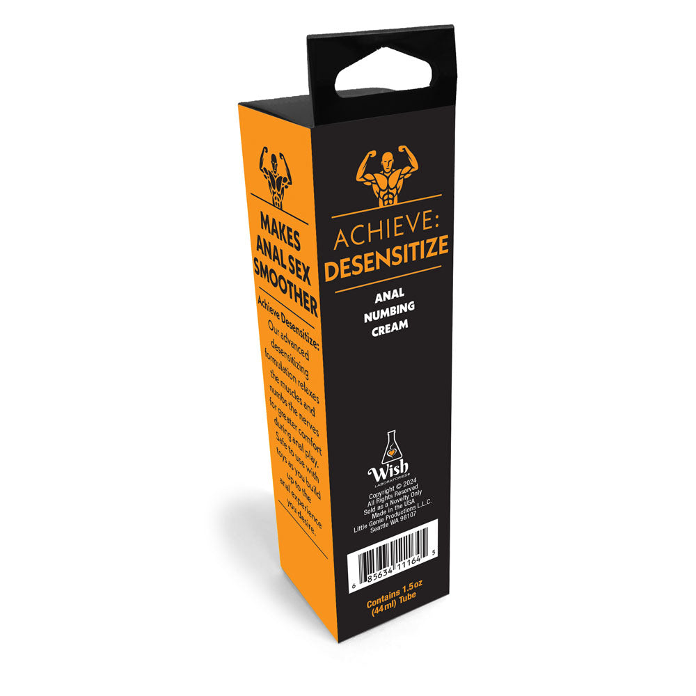 Achieve: Desensitize - Anal Numbing Cream packaging promoting smoother anal sex experience.
