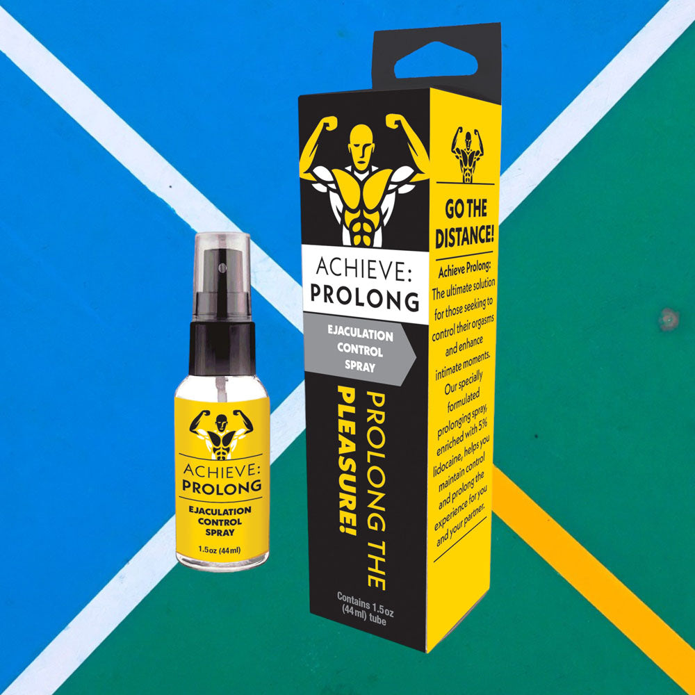 Achieve: Prolong Ejaculation Control Spray for Men - 29 ml bottle and packaging on a colorful background.